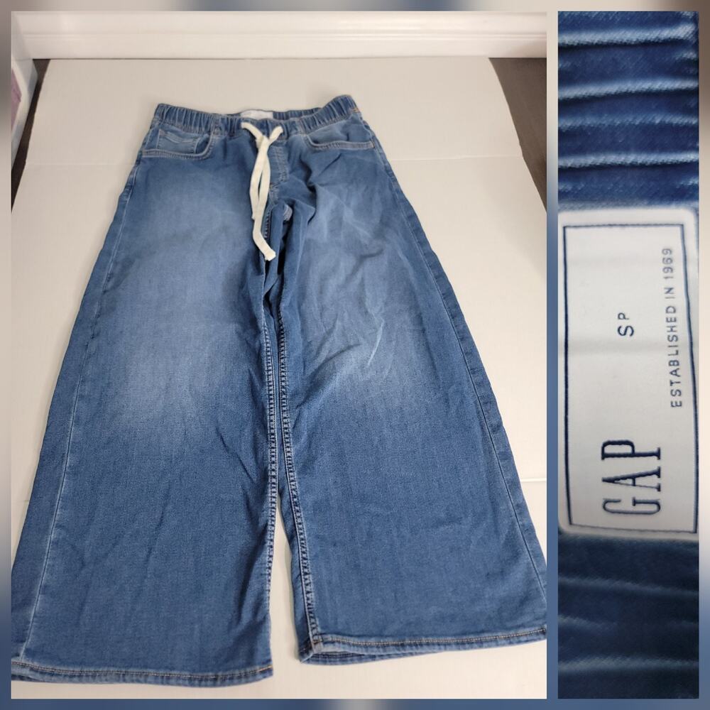 GAP Pull-On Pants Small Petite Straight Wide Leg Drawstring High Rise Soft Denim